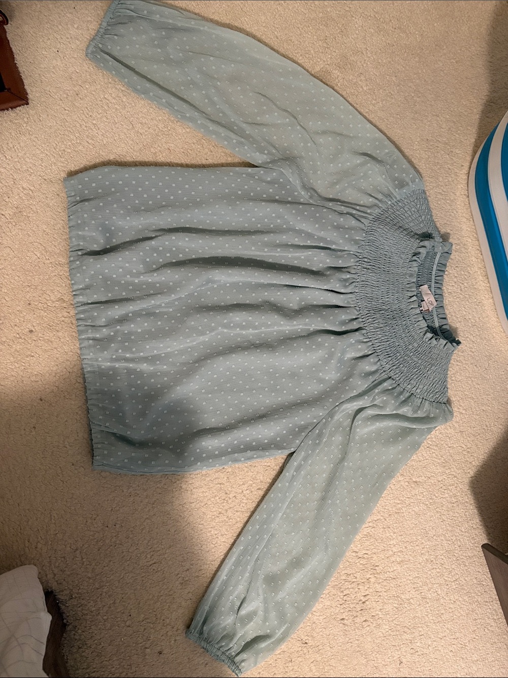 LOFT Light Blue Swiss Dot Smocked Neck Blouse